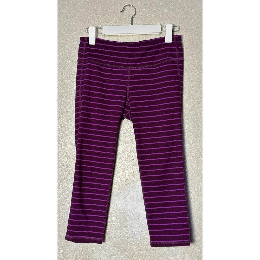 Athleta Size Medium Midrise Black Purple Striped Cropped Leggings